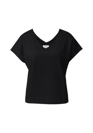 Czarny top z krótkim rękawem, dekoltem w serek i szerokimi rękawami, wykonany z teksturowanej tkaniny, przedstawiony na białym tle.