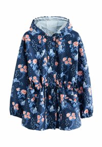 Navy floral jacket with pink roses, white accents, elastic cuffs, adjustable drawstring waist, made from smooth, water-resistant material.