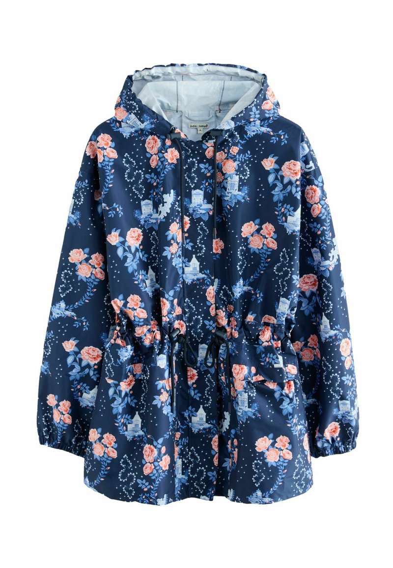 Navy floral jacket with pink roses, white accents, elastic cuffs, adjustable drawstring waist, made from smooth, water-resistant material.