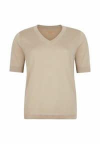 Beige kortærmet V-hals strik bluse med blød tekstur, ribbede ærmer og et rent, enkelt silhuet. Etiketten siger "FALCONERI."