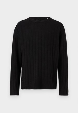Black ribbed knit sweater with long sleeves and a round neckline. Soft texture, straight fit, no visible hardware or accents.