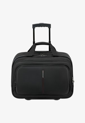 Sac de voyage noir à roulettes, souple, avec poignée télescopique, poche avant zippée et deux poignées rembourrées.
