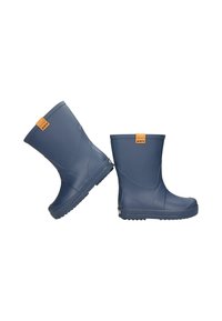 Kinder regenlaarzen in marineblauw rubber met profielzolen en tan trekbandjes, naast elkaar getoond tegen een witte achtergrond.