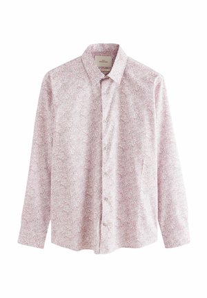 Light pink long-sleeve shirt featuring a floral pattern, button front, and a classic collar. Made of soft, lightweight fabric.