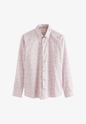 Light pink long-sleeve shirt featuring a floral pattern, button front, and a classic collar. Made of soft, lightweight fabric.
