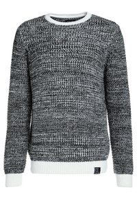 Maglione lavorato a maglia grigio e nero con un motivo testurizzato, scollatura rotonda a coste bianche e polsini e orlo a coste. Etichetta in basso a sinistra.