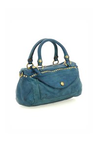 Borsa a tracolla in pelle blu scuro con texture, due manici arrotondati, rifiniture in tono oro, chiusura con zip e borchie decorative lungo la cucitura.