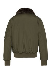 Oliven grøn bomberjakke med pelskrave, elastiske manchetter og kant, samt en sidelomme med patch. Glat stof med en let mat finish.