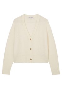 Krämfärgad cardigan i mjukt, texturerat tyg med V-ringning, fem knappar framtill och ribbade muddarna och nederkanten.