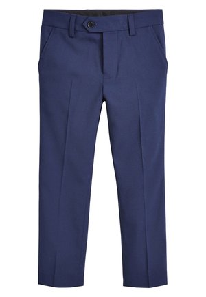 Navy blue tailored trousers with front pleats, side pockets, belt loops, and a button closure at the waistband.
