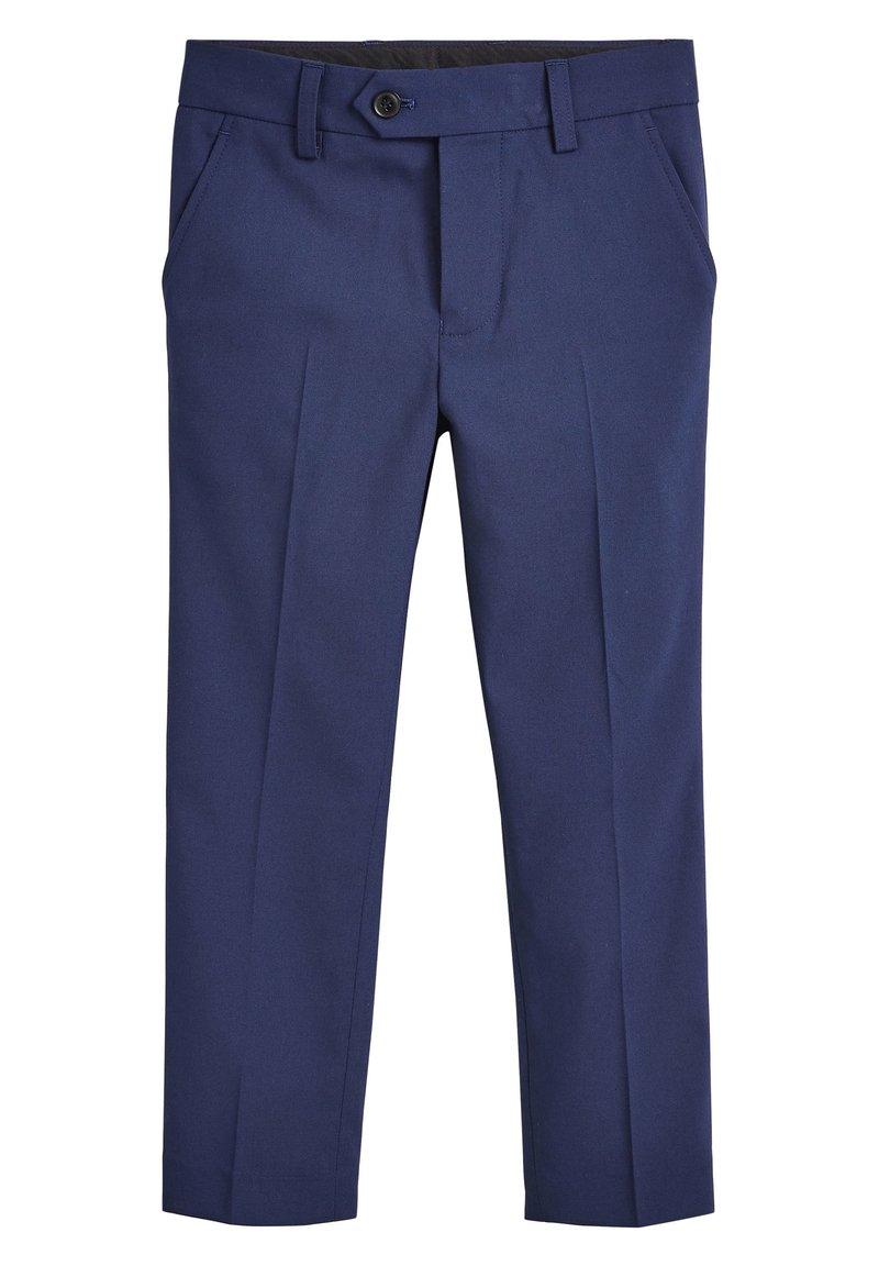 Pantalon sur mesure bleu marine avec plis devant, poches latérales, passants de ceinture et fermeture par bouton à la taille.