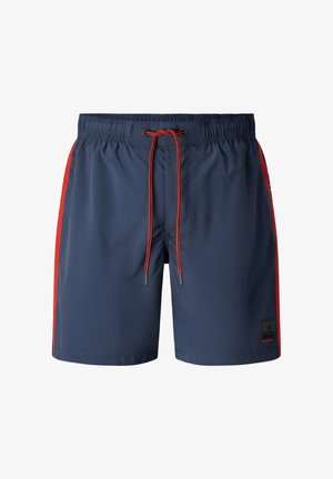 Navy blue men's swim shorts with red side stripes, elastic waistband, and red drawstring ties.