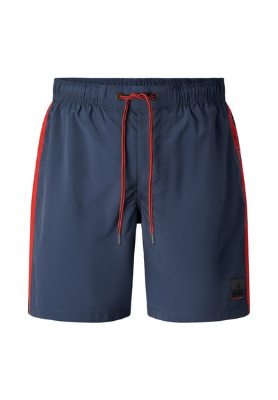 Shorts de bain pour hommes en bleu marine avec des bandes latérales rouges, une taille élastique et des cordons rouges.