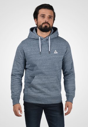 Hooded sweatshirt in heathered blue, featuring a front kangaroo pocket, white drawstrings, and a small triangular logo on the chest.