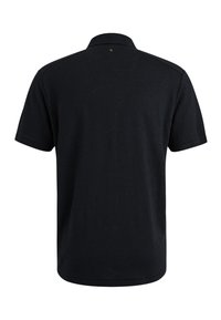 Černé bavlněné polo tričko s límečkem, krátkými rukávy a jemným zlatým akcentem u výstřihu. Hladká textura a klasický design.