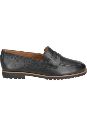 Black leather loafers with a textured surface, rounded toe, and a decorative strap. Features a low rubber sole with a slight heel.