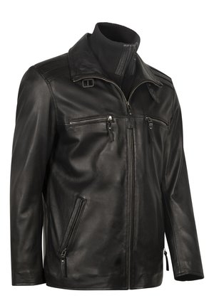 Black leather jacket with a stand-up collar, zippered front, four external pockets, and smooth texture. Features shoulder accents and zippers.