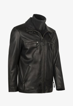 Zwarte leren jas met een opstaande kraag, ritssluiting aan de voorkant, vier externe zakken en een gladde textuur. Bevat schouderaccenten en ritsen.