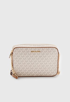 Michael Kors beige crossbody bag with repeating MK logo pattern, gold chain and leather strap, and gold logo plaque on front.