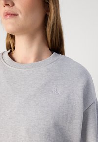 Felpa grigio chiaro con scollo rotondo e un ricamo sottile del logo nell'angolo in alto a sinistra. Tessuto morbido e texturizzato.