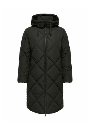 Long manteau d'hiver noir matelassé avec capuche, fermeture éclair à l'avant et cordons, conçu pour la chaleur et une couverture complète des bras.