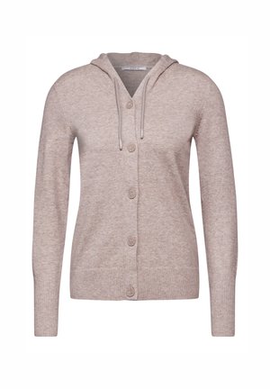 Cardigan beige clair avec capuche, présentant une fermeture à boutons, des poignets et un ourlet côtelés, et une texture tricotée douce. Couture détaillée sur la capuche.