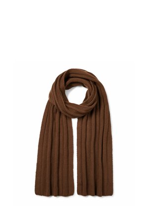 Écharpe en tricot marron avec une texture côtelée, de forme rectangulaire longue et avec des extrémités enroulées. Idéale pour se réchauffer par temps froid.