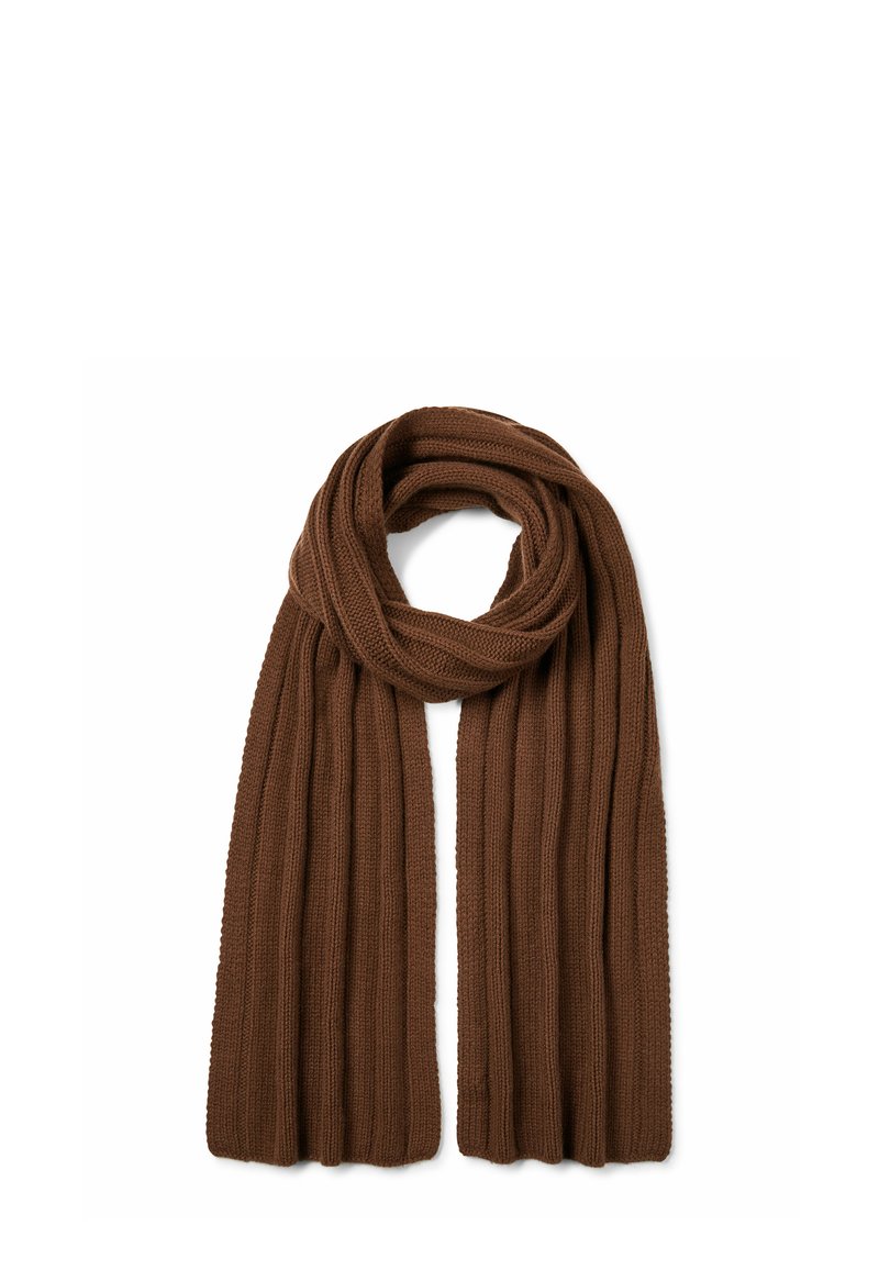 Sciarpa marrone a maglia con texture a coste, di forma rettangolare lunga e con estremità arrotolate. Adatta per mantenere caldi durante il clima freddo.