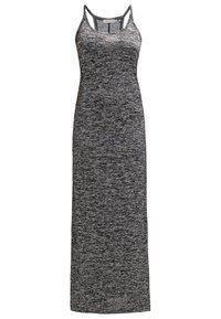 Maxi šaty v černé a šedé melírované tkanině, s tenkými ramínky a přiléhavým topem. Design sahá až k ankletu a má hladkou texturu.
