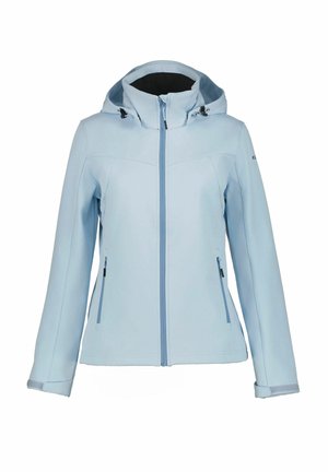 Helle blaue Softshelljacke mit Kapuze, Reißverschluss vorne, verstellbaren Kordeln und zwei seitlichen Reißverschlusstaschen. Glatte Textur und taillierte Passform.