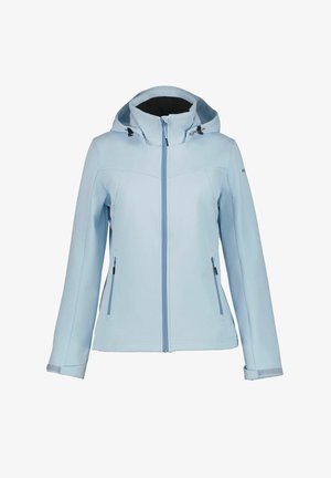 Chaqueta softshell azul claro con capucha, cierre delantero, toggles ajustables y dos bolsillos laterales con cremallera. Textura suave y diseño ajustado.