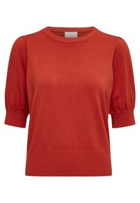 Punainen lyhythihainen neulepusero pyöreällä pääntiellä, resorihihoilla ja rentolla istuvuudella. Sileä pinta ja yhtenäinen väri kauttaaltaan.