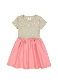 Zelené šaty s krátkým rukávem a růžovou sukní, s ribbovým korzetem a bílým vzorem ananasu. Rozšířená sukně dodává objem a strukturu.