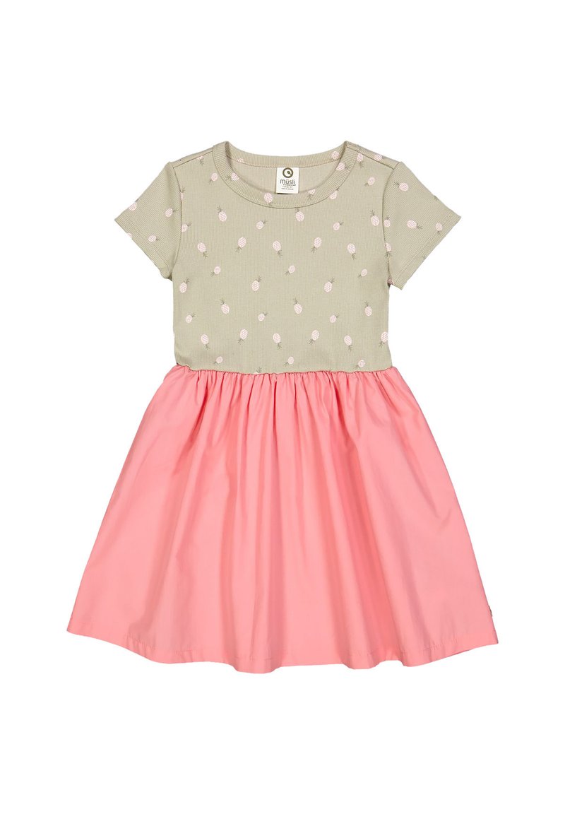 Zelené šaty s krátkým rukávem a růžovou sukní, s ribbovým korzetem a bílým vzorem ananasu. Rozšířená sukně dodává objem a strukturu.