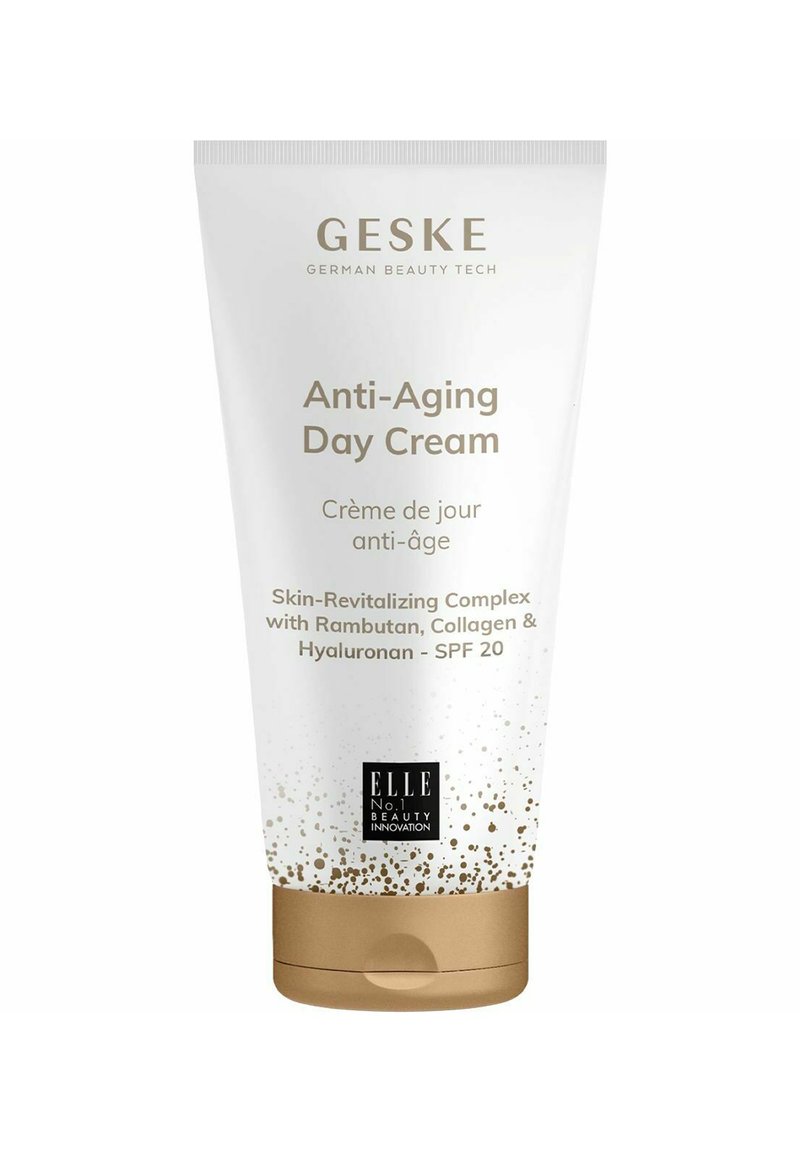 Crème de jour anti-âge GESKE dans un tube blanc avec des accents dorés. Comprend un SPF 20 et met en avant des ingrédients tels que le Ramboutan, le collagène et l'hyaluronane.