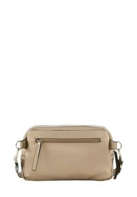 Beige Leder Umhängetasche mit strukturiertem Finish, mit einem Reißverschluss-Hauptfach und einer Fronttasche; mit verstellbarem Tragegurt und metallischen Akzenten.