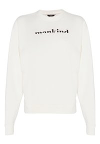 Weißes Sweatshirt aus weichem Stoff mit Rundhalsausschnitt und langen Ärmeln. Das Wort "mankind" in fetten schwarzen Buchstaben über die Brust gedruckt.