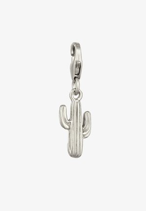Pendentif en métal couleur argent en forme de cactus saguaro à deux bras, suspendu à un fermoir homard.