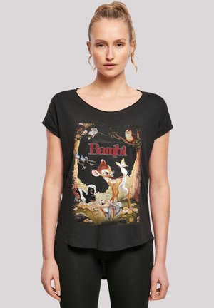 Juodas marškinėliai su spalvinga Bambi ir miško gyvūnų grafika, su apvyniotais rankovėmis ir šiek tiek išlenktu hemu, užtikrinančiu laisvą prigludimą.