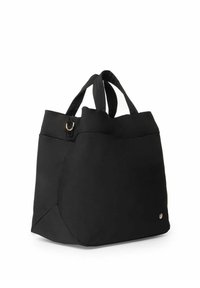 Borsa a tracolla nera realizzata in tessuto morbido, dotata di due manici robusti, superficie liscia e un accento circolare dorato sul lato.