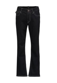 Μαύρα τζιν bootcut με λευκή ραφή, κλείσιμο με κουμπί και φερμουάρ μπροστά, θηλιές για ζώνη και πέντε τσέπες.