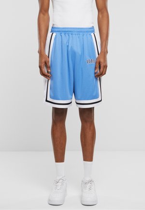 Bermudas de baloncesto de malla azul con acentos en negro y blanco, cintura elástica y detalle del logo en la parte delantera. Presenta rayas laterales.