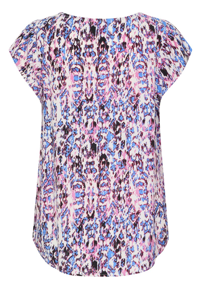 T-shirt z krótkim rękawem z kolorowym abstrakcyjnym wzorem w odcieniach różu, niebieskiego i czerni na białym tle. Miękka tkanina i luźny krój.