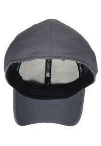Gray baseball cap with a textured fabric, curved visor, and soft black lining. Inside features branding label and breathable mesh detail.