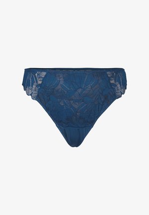 Deep blue lace panties featuring leaf patterns with a smooth fabric base. The edges are scalloped for a delicate finish.