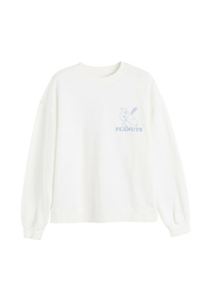 White sweatshirt with a loose fit, ribbed texture, and dropped shoulders. Features a light blue Snoopy graphic and "PEANUTS" text on the chest.