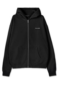 Casaco com capuz preto com fecho de correr, feito de algodão com textura macia. Apresenta um bolso frontal, punhos canelados e um logótipo no lado esquerdo do peito.