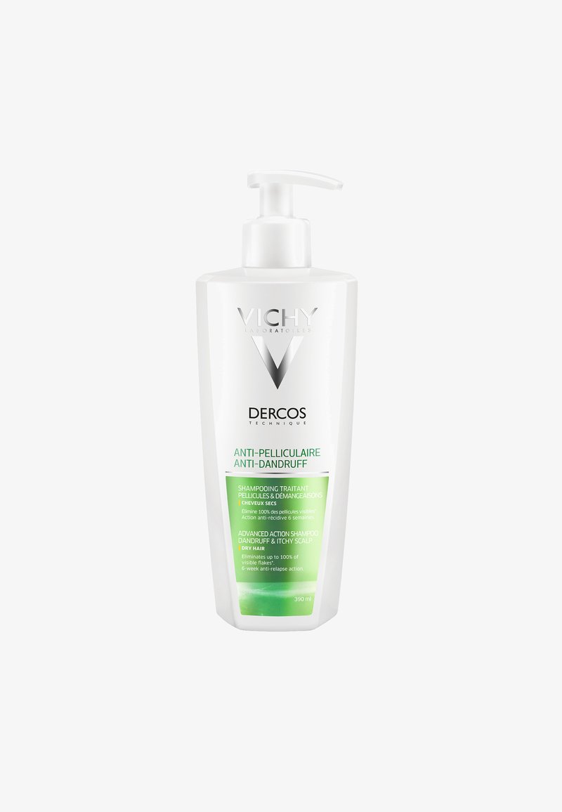 Weiße Kunststoffpumpflasche mit schlankem Design; verfügt über ein silbernes Logo und grüne Akzente. Enthält 390 ml Anti-Schuppen-Shampoo.