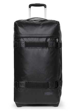 Schwarze rollbare Sporttasche aus wasserdichtem Material. Verfügt über einen ausziehbaren Griff, seitliche Riemen und eine Reißverschlusstasche auf der Vorderseite.