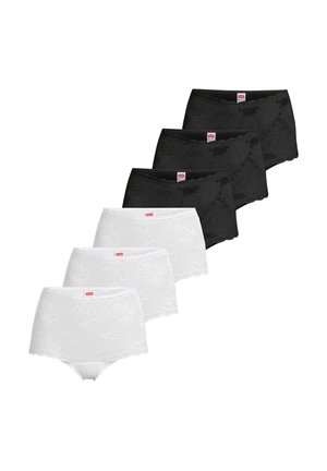 Cinq sous-vêtements en dentelle taille haute blancs et trois noirs avec des motifs floraux, disposés en deux rangées superposées sur un fond blanc.